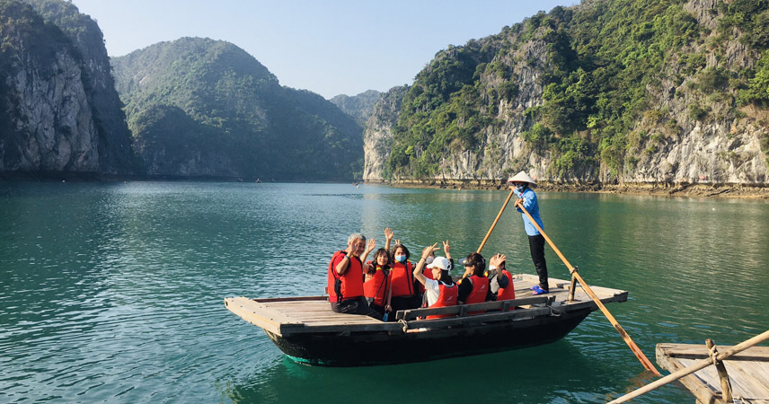 Experience a bamboo boat in Lan Ha Bay