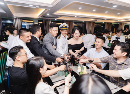 A buffet dinner is served, featuring an array of fresh seafood