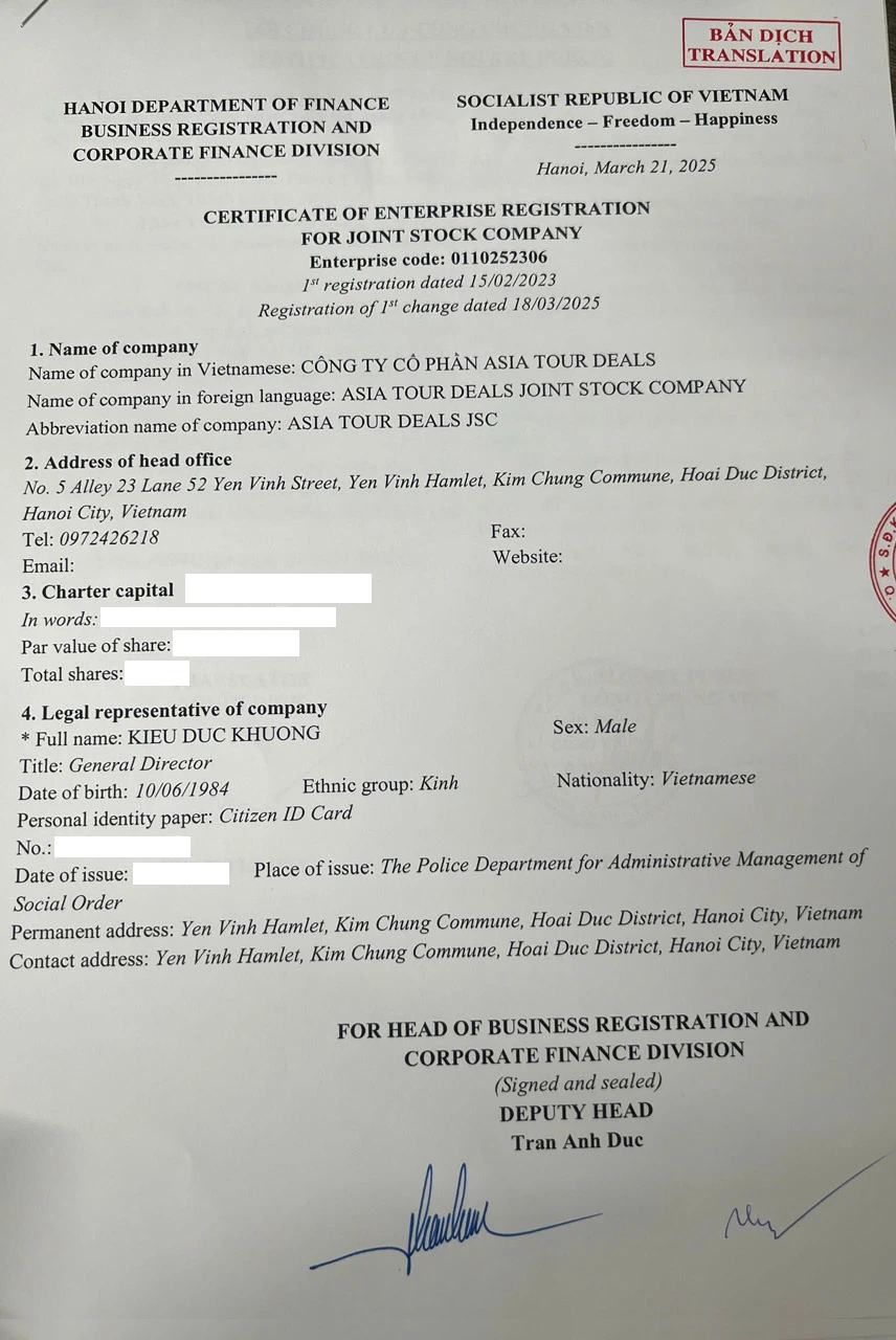 English Translation Business Licence of Asia Tour Deals Joint Stock Company