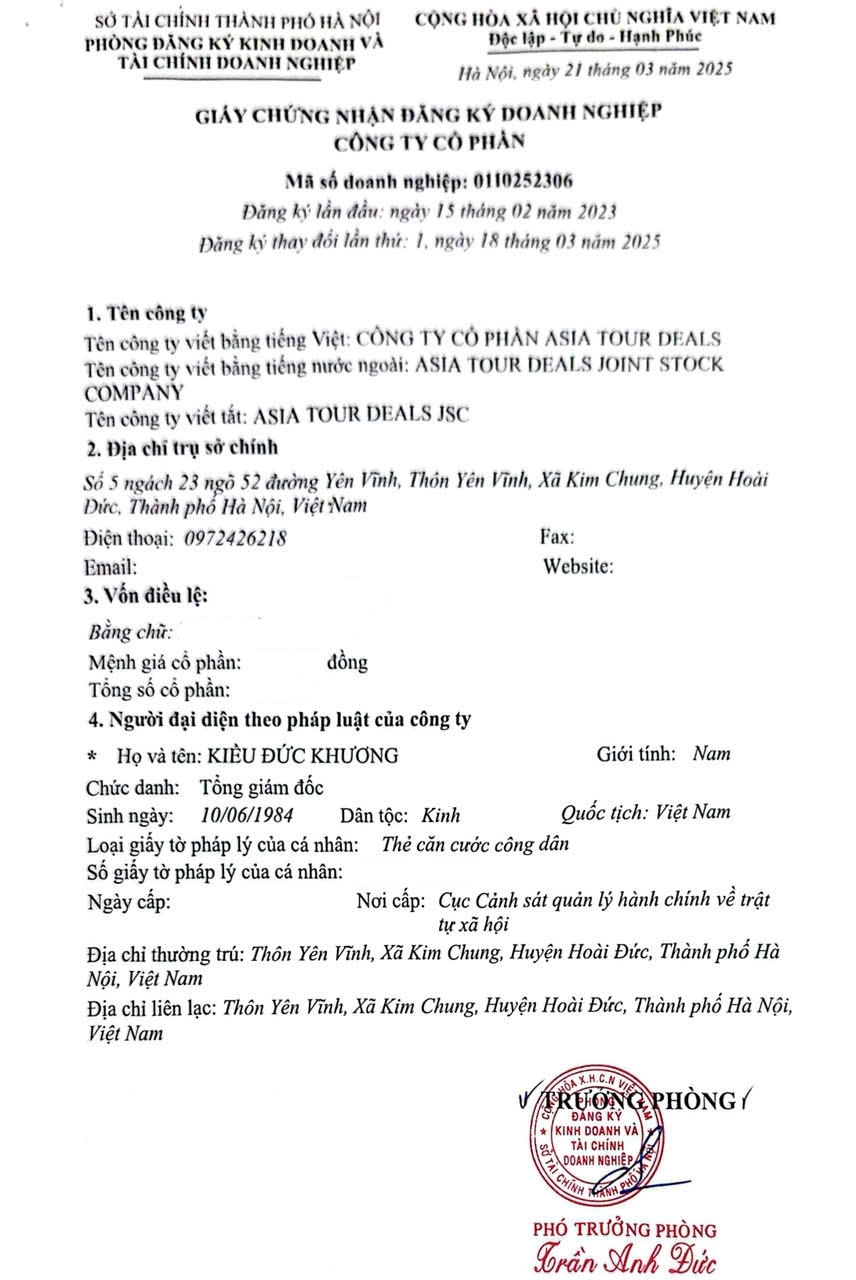 Business Licence of Asia Tour Deals Joint Stock Company